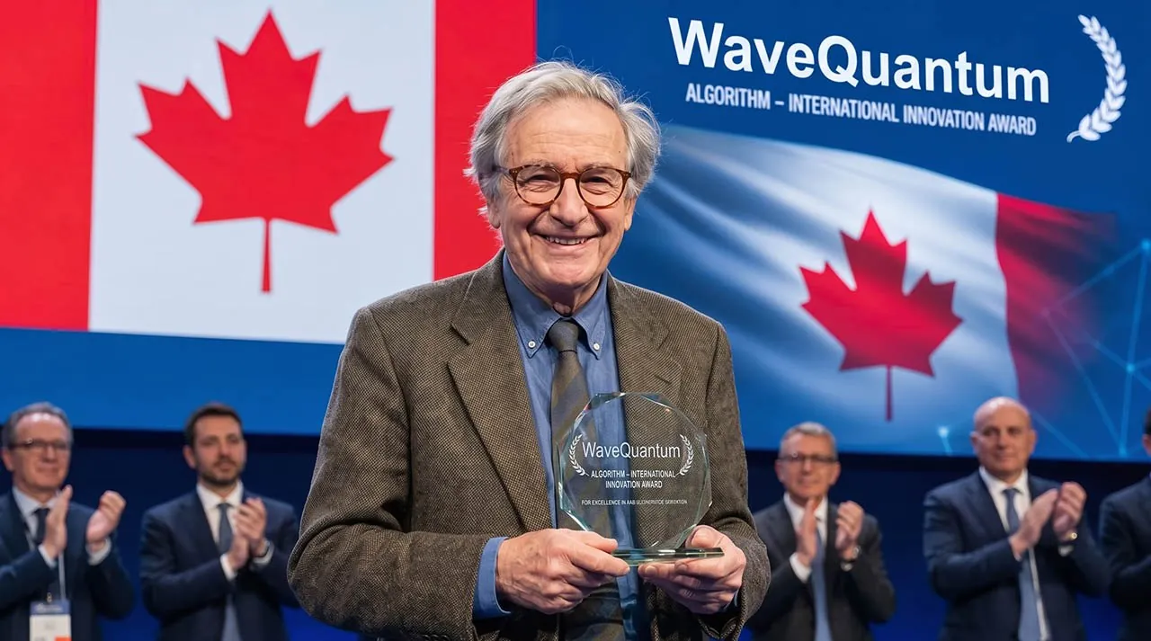 Professor Daniel Whitcombe accepting an international innovation award for WaveQuantum