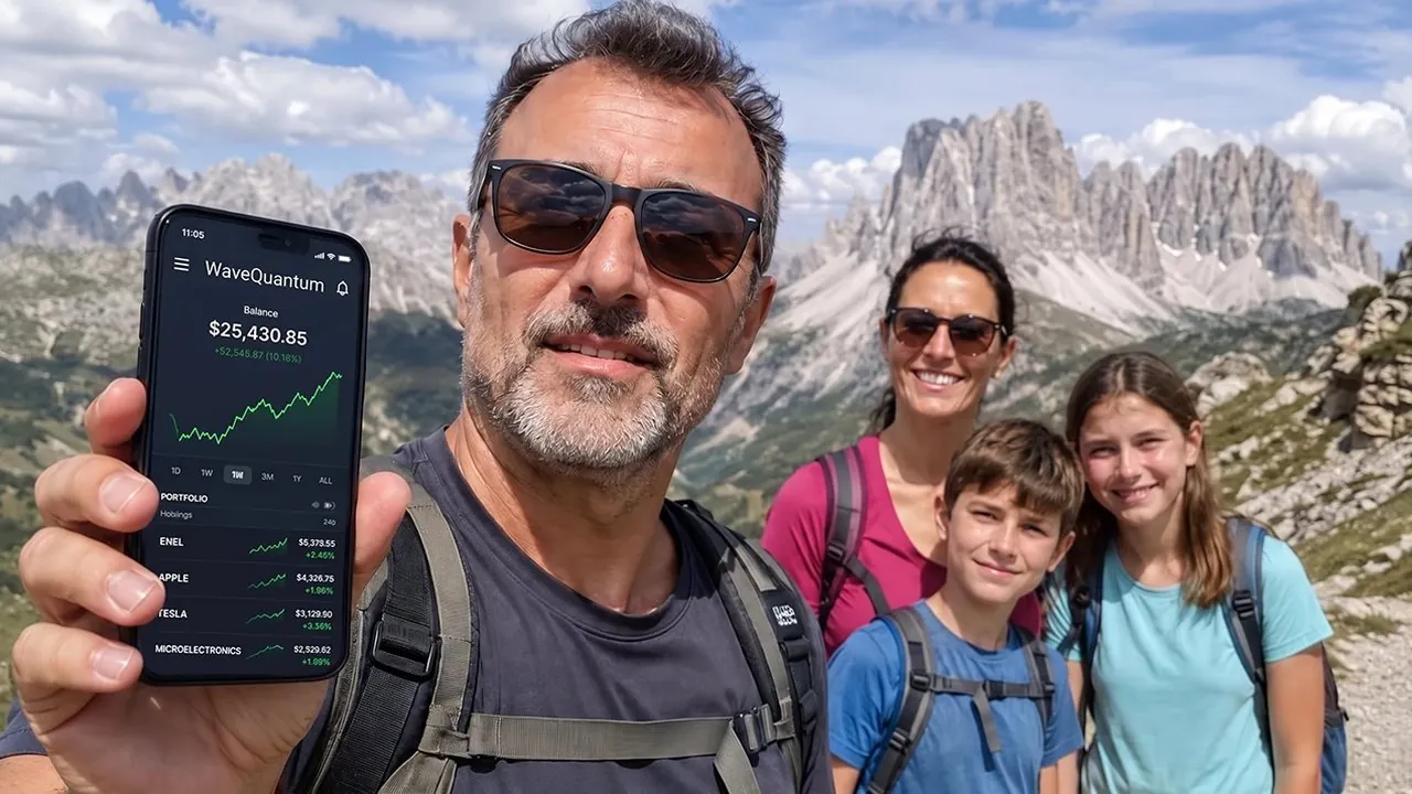 Gary, a self-employed electrician, hiking in the Rockies with his family, showing his WaveQuantum balance