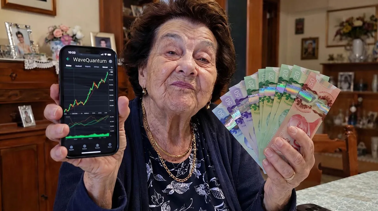 Denise, a 74-year-old widow, holding cash and her phone showing her WaveQuantum balance